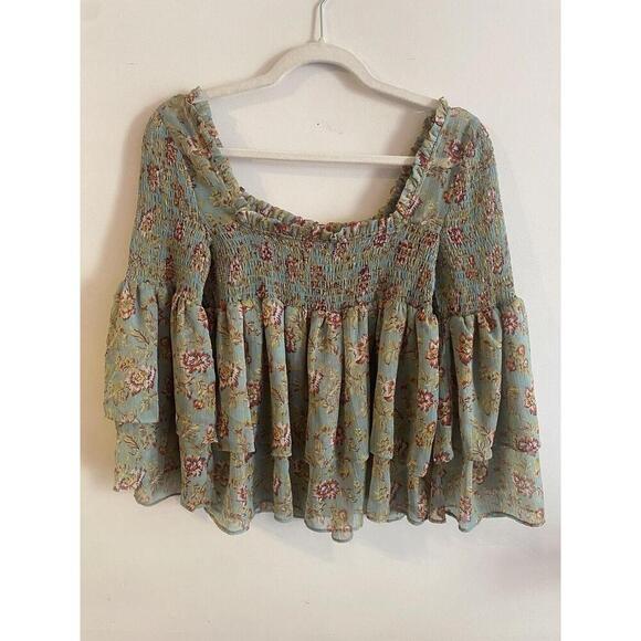 Free People Golden Age Printed Top Tiered Floral Smocked Blouse XS - Picture 2 of 6